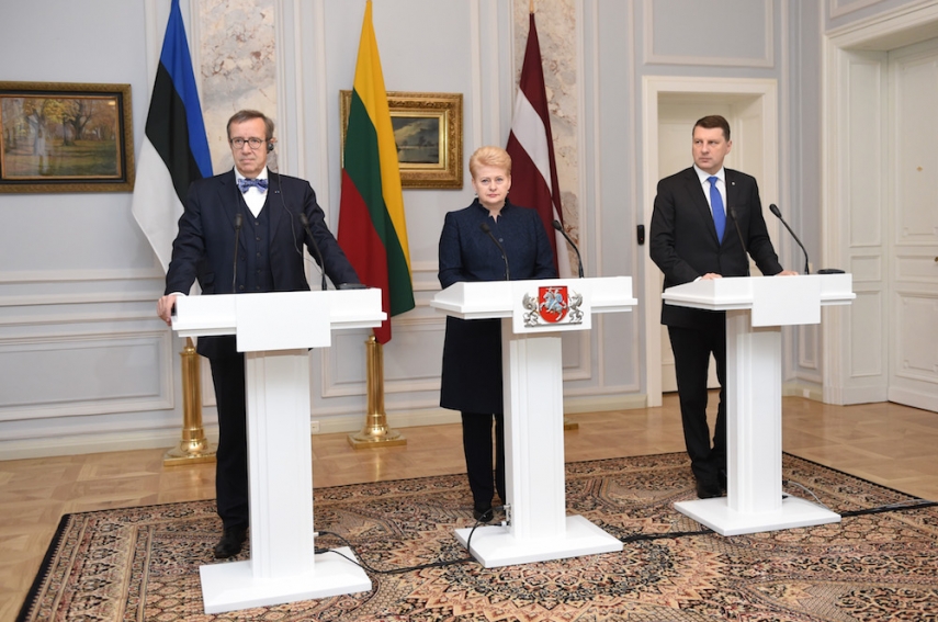 Estonian President Toomas Hendrik-Ilves (left), Lithuanian President Dalia Grybauskaite (centre) and Latvian President Raimonds Vejonis (right) [Image: LRP.lt/Robertas Dackus]